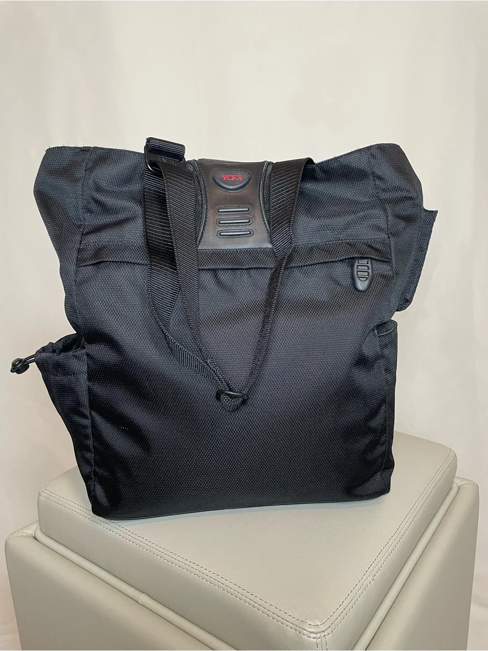 Tumi Black Nylon Duffel Tote with Subtle Red Logo